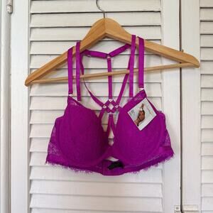 NWT Joan Smalls Magenta/Purple Bra with intricate back detail, size 34D